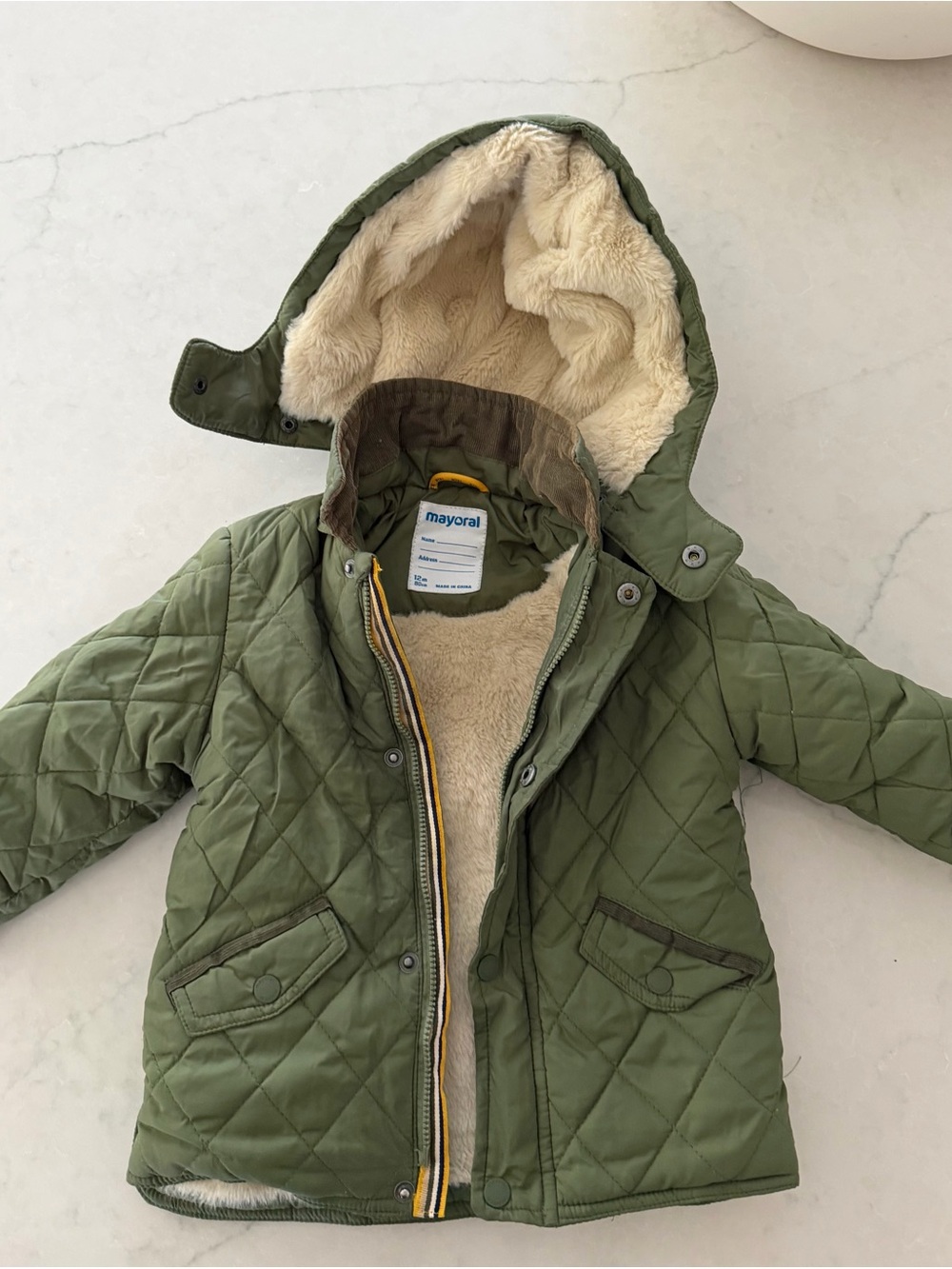 Mayoral Olive Green Quilted Puffer Jacket with Faux-Fur detachable Hood